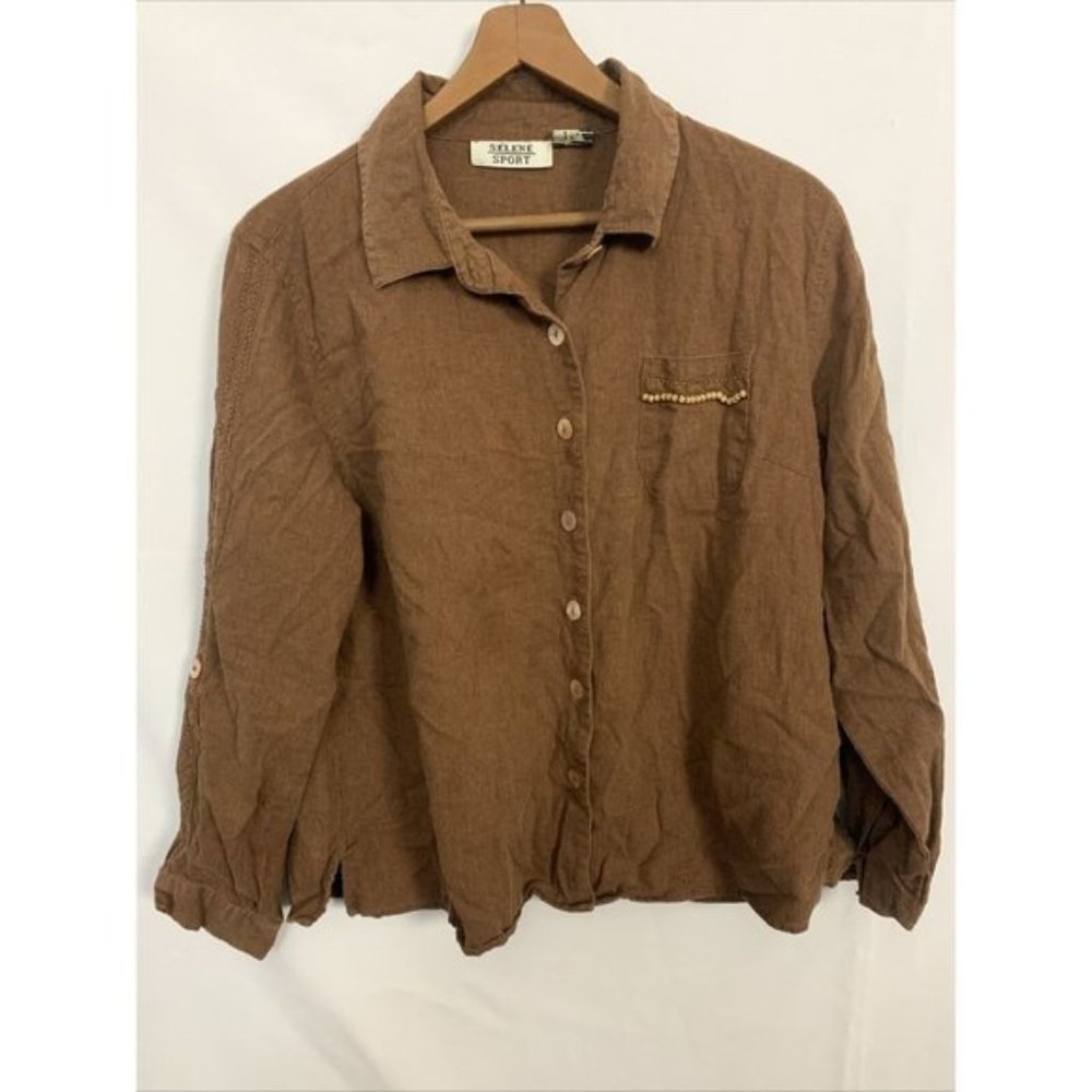 Selene sport womens vtg 1x linen blend button down shirt westernwear